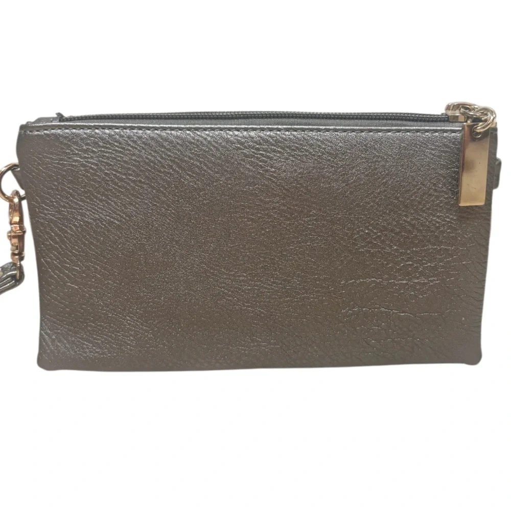 Michael Kors Crossbody Wristlet Metallic Multi Compartments Pewter Silver Gold